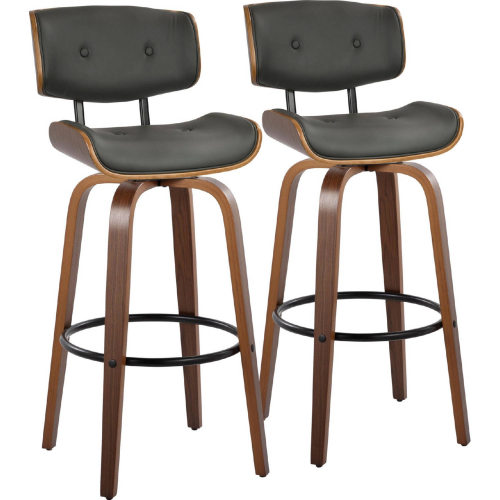 Lombardi 30" Swivel Bar Stool in Walnut Wood & Grey Leatherette with Black Footrest (Set of 2)
